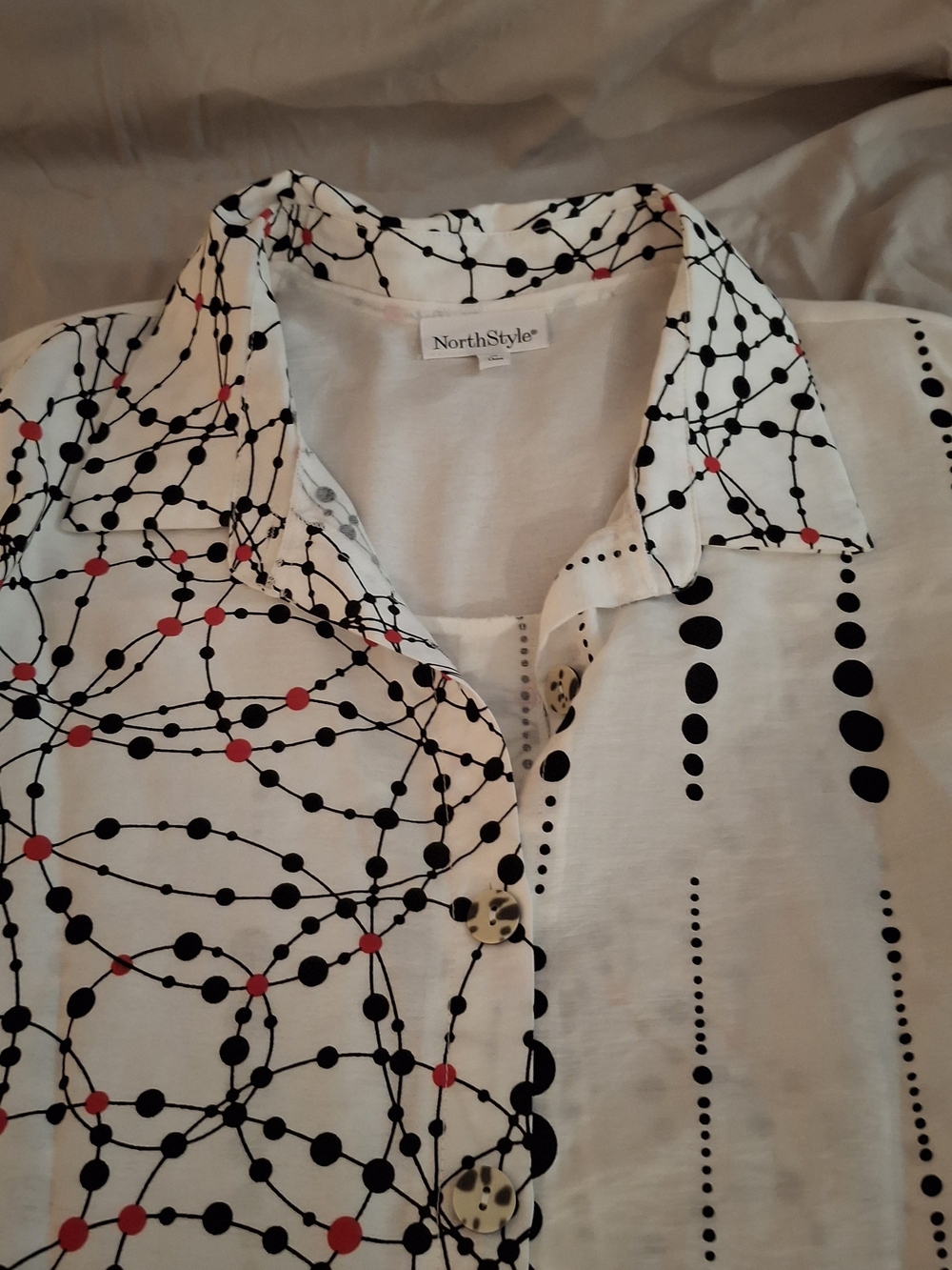 NorthStyle Women's White Button-Up Blouse with Black & Red Dot Pattern - Picture 4 of 7